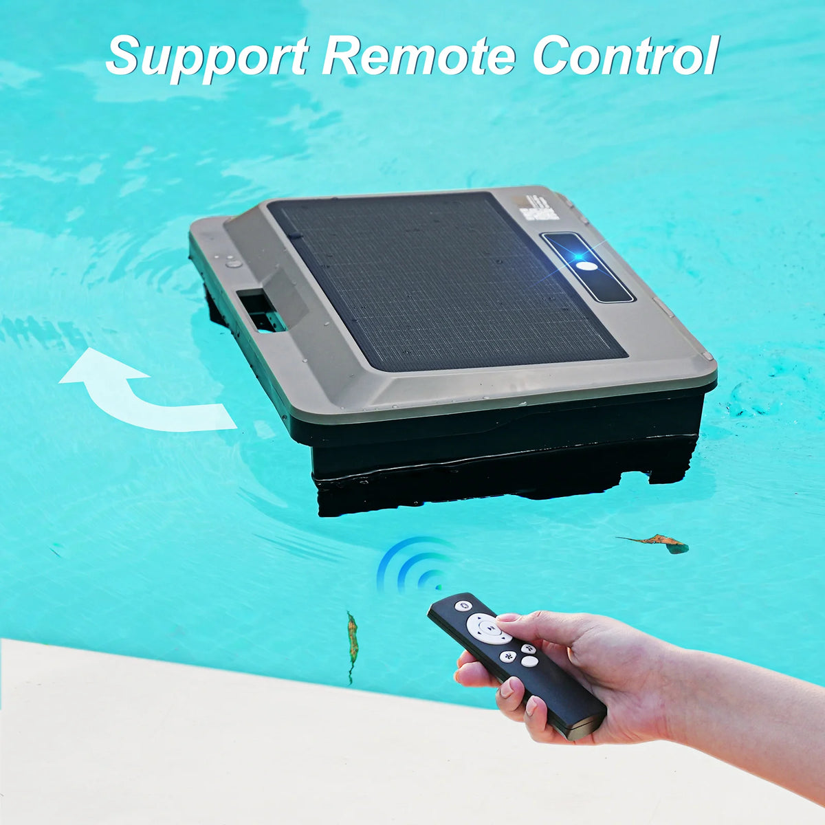 Vastorm pool cleaning robot lifestyle shot, black and orange with remote control support