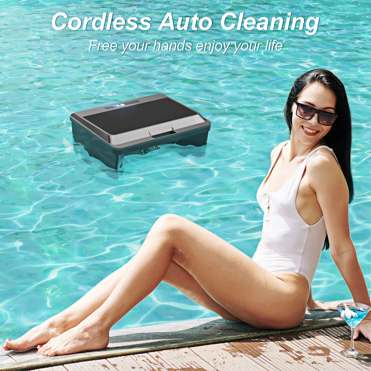 Vastorm pool cleaning robot lifestyle shot, black and silver with automatic cleaning