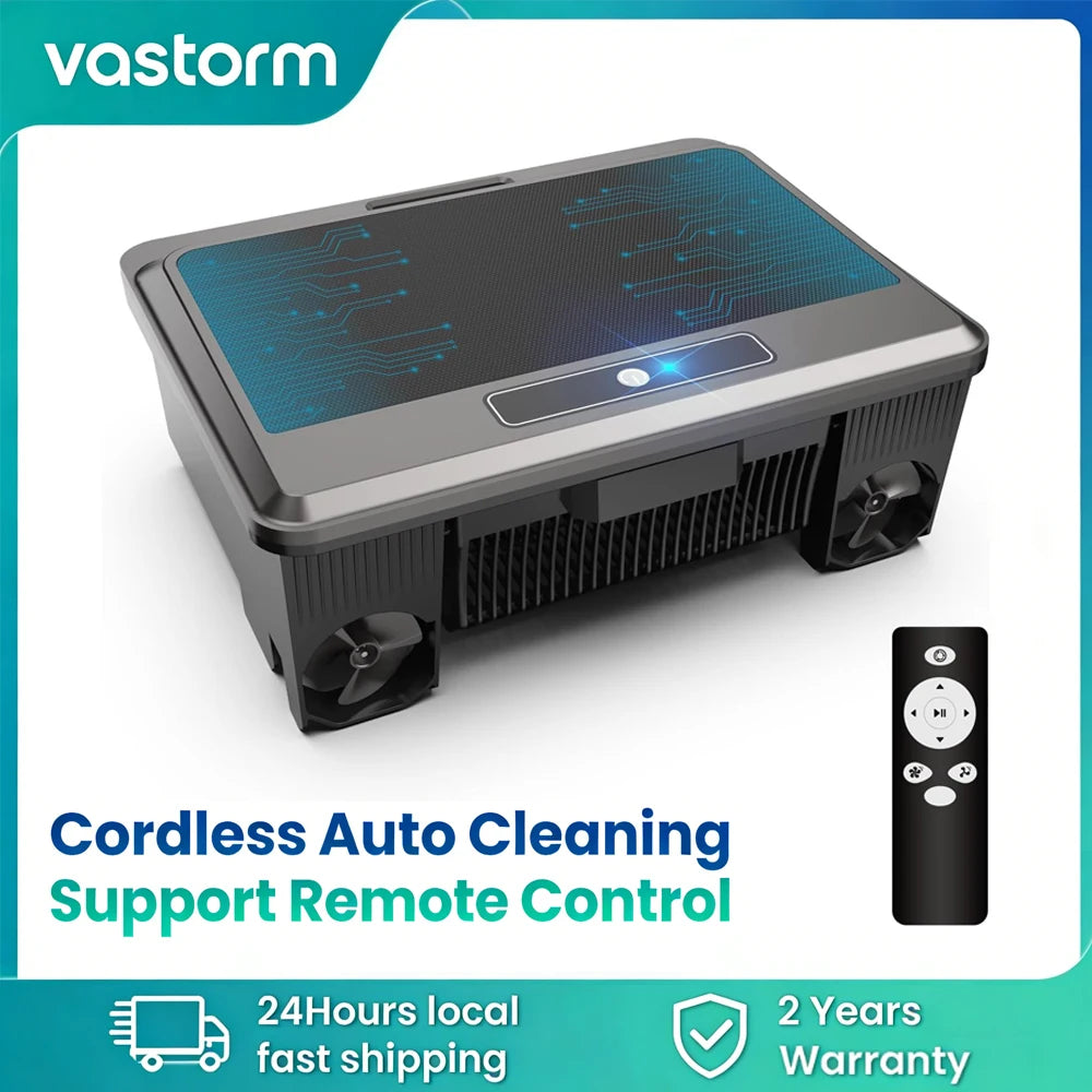 Vastorm robotic pool cleaner front view, black and blue with remote control