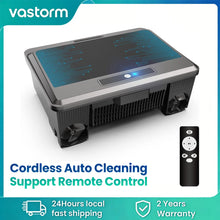 Vastorm robotic pool cleaner front view, black and blue with remote control