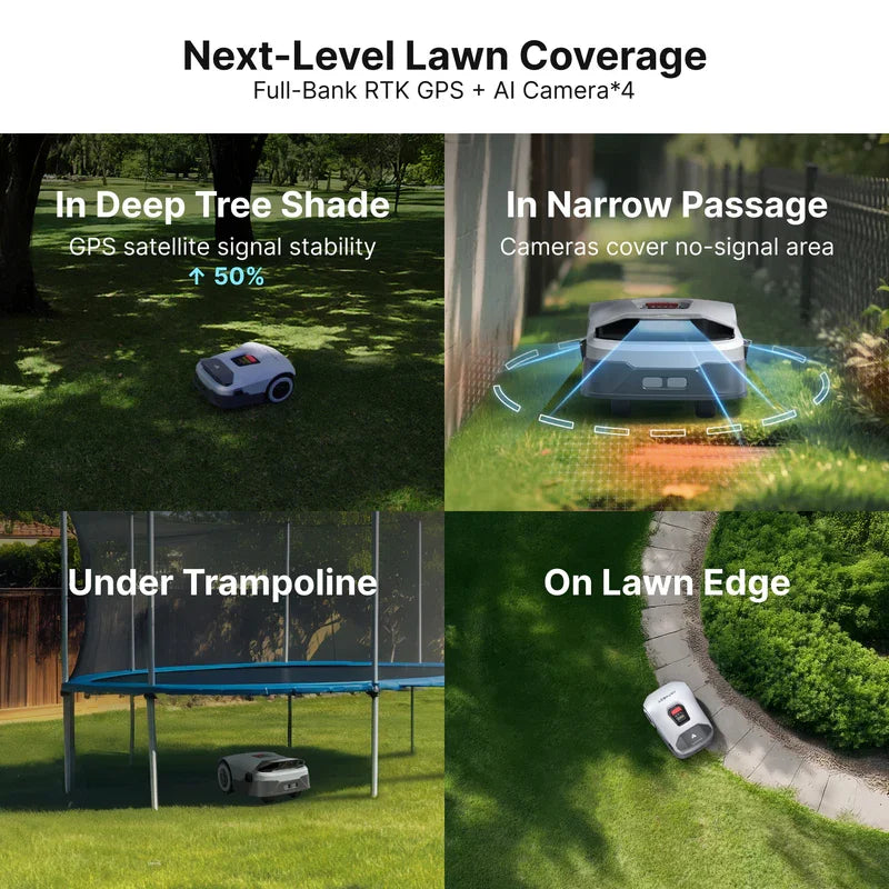 ANTHBOT Genie 600E lawn coverage lifestyle, green-blue outdoor scene