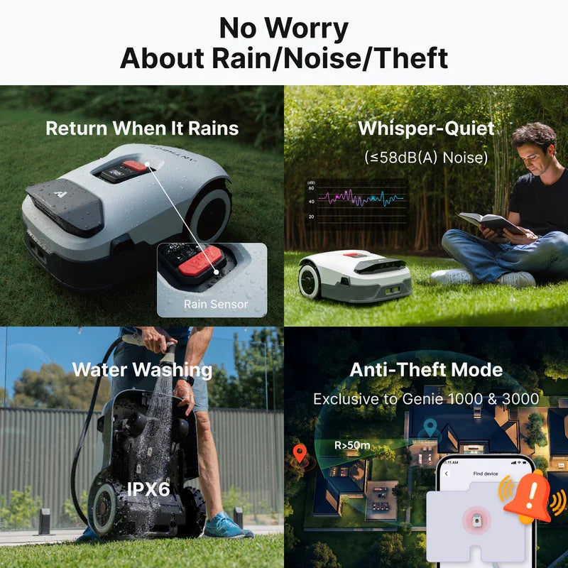ANTHBOT Genie 600E lifestyle shot, gray robotic mower in outdoor use