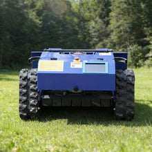 AIWEIYA blue tracked robotic mower back view with safety lights
