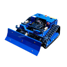 AIWEIYA blue tracked robotic mower side view with front blade mechanics