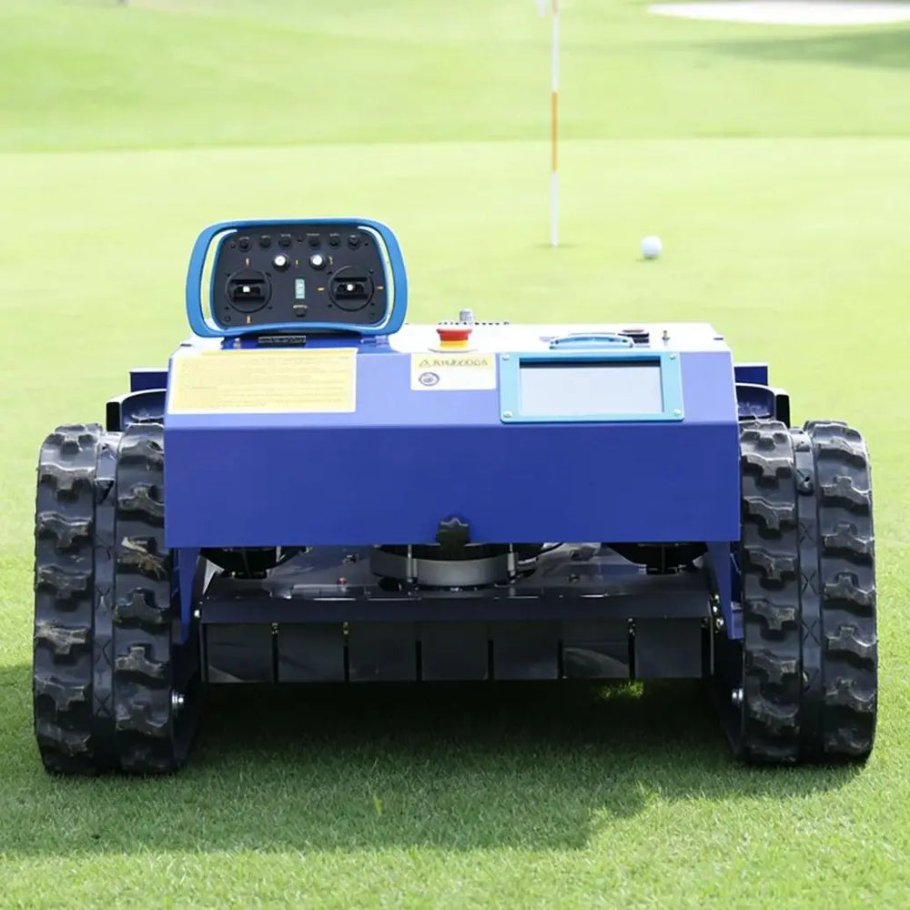 AIWEIYA blue robotic lawn mower back view with control panel