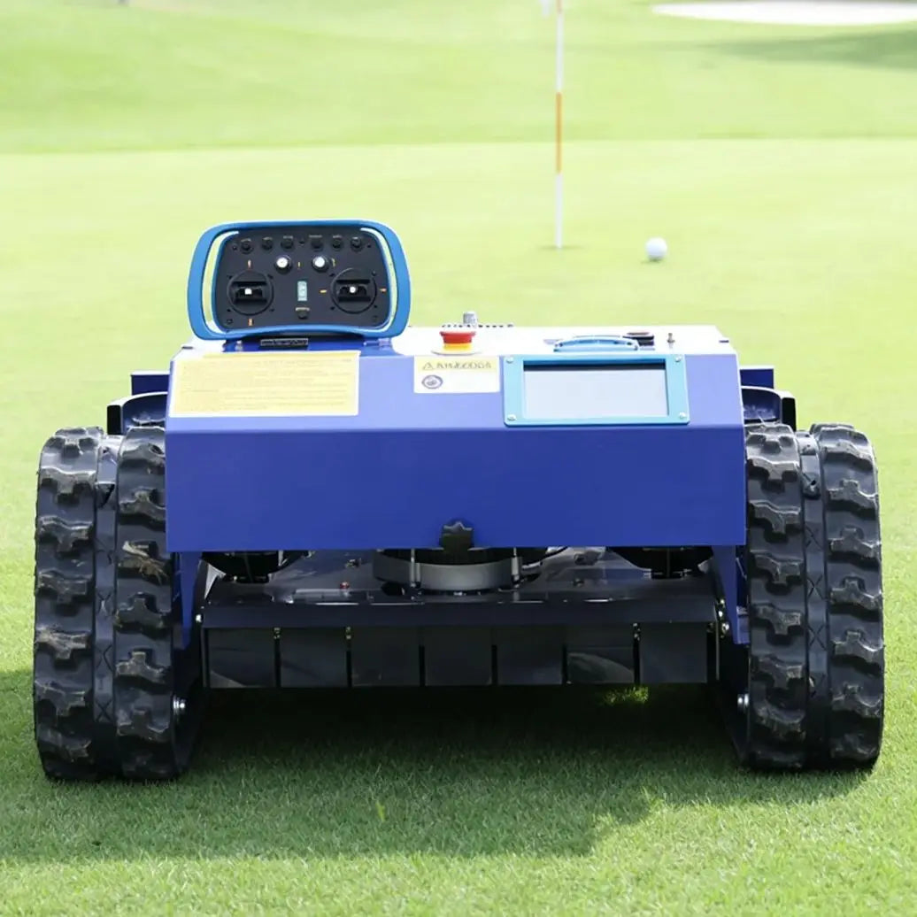 AIWEIYA blue robotic lawn mower back view with control panel