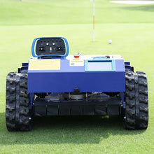 AIWEIYA blue robotic lawn mower back view with control panel