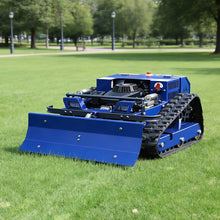 AIWEIYA blue robotic lawn mower side view with front blade and tracked wheels