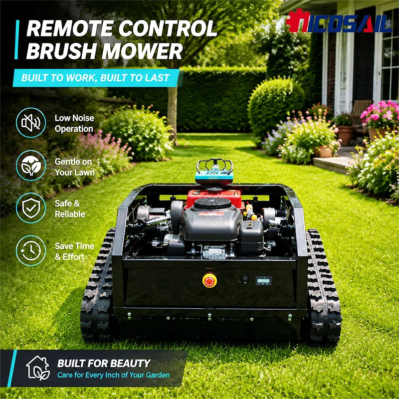Remote control mower with tracked wheels in garden, black red green