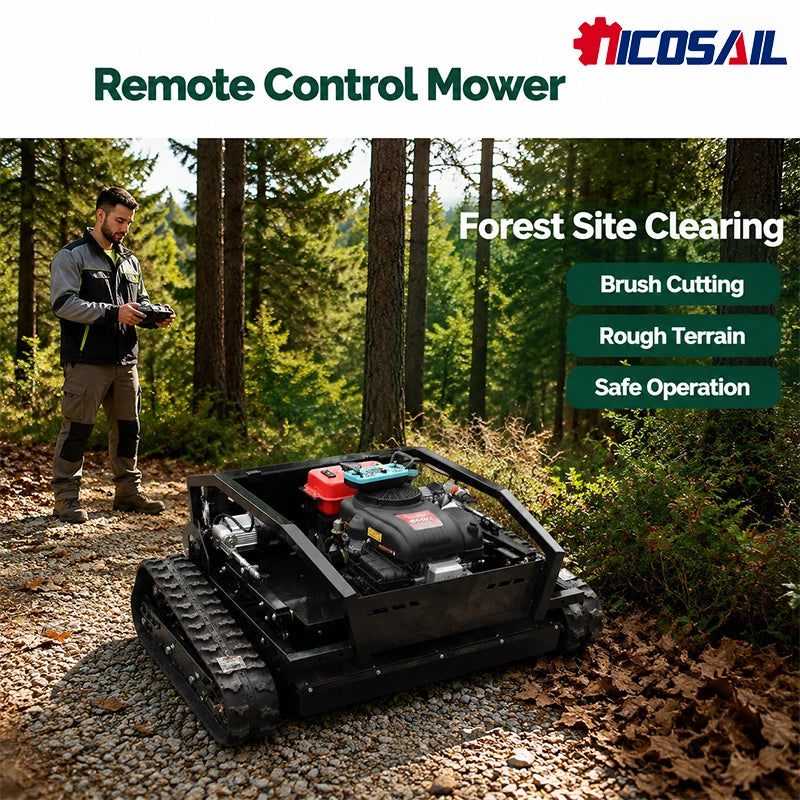 Remote control brush mower packaging, black red green