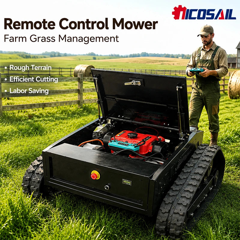 Remote control mower on forest path, tracked wheels, black red green