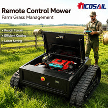 Remote control mower on forest path, tracked wheels, black red green