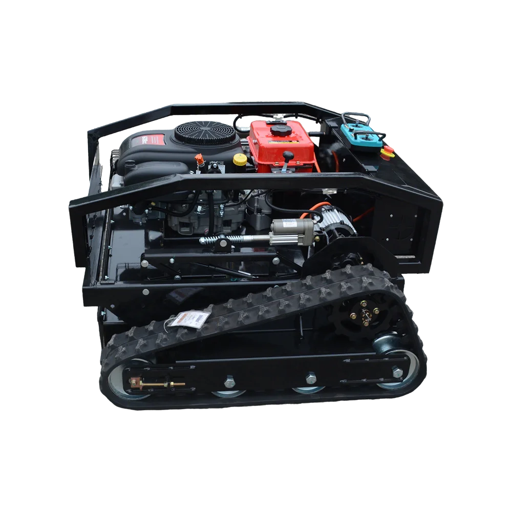 Side view of tracked remote control mower with engine compartment, black red