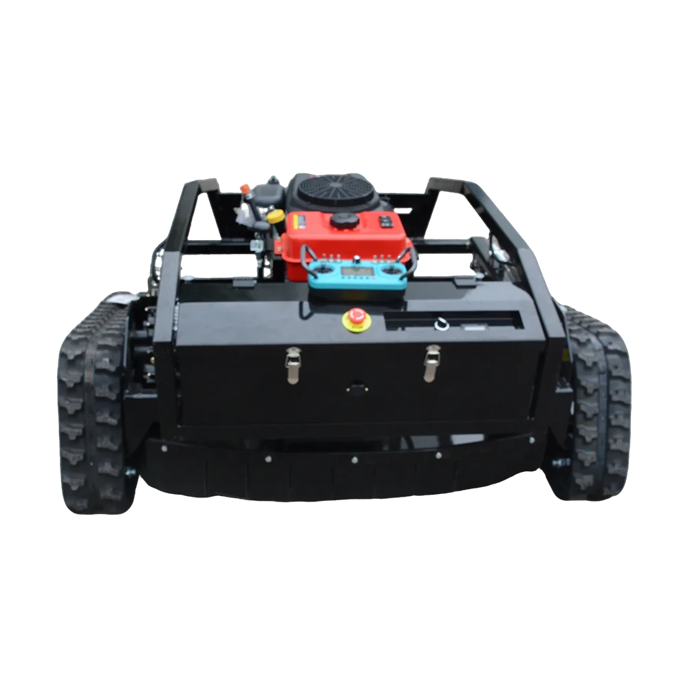 Back view of tracked mower with engine compartment and control panel, black red