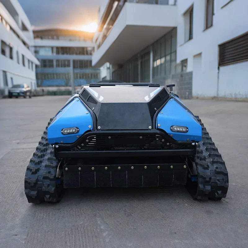 SAAO remote mower front view, blue tracked vehicle with sleek design
