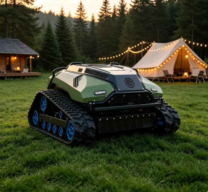 SAAO remote mower lifestyle shot, green tracked vehicle with transparent top