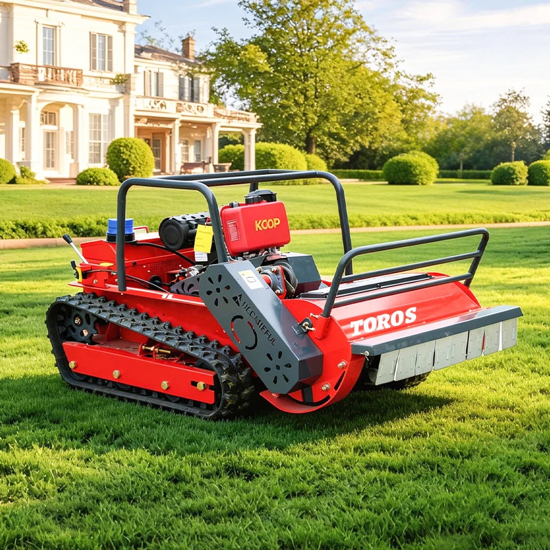 Remote control crawler lawn mower, red black green, lifestyle outdoor view