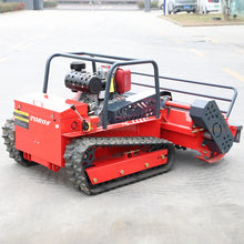 Red compact tractor back view, tracked wheels and rear attachment