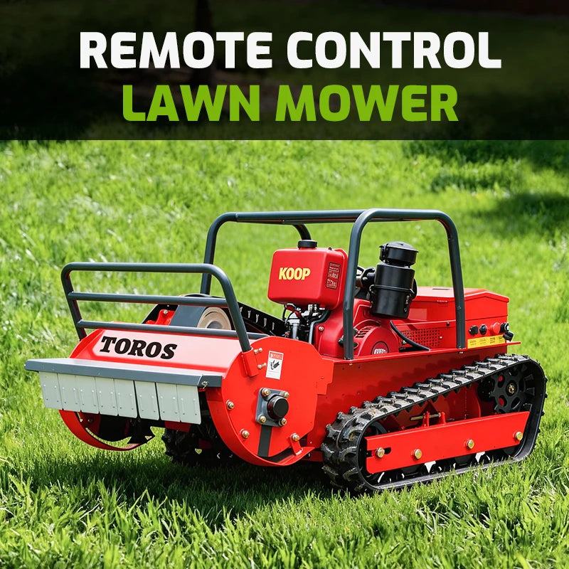 Remote control crawler lawn mower, red black green, lifestyle shot