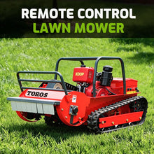 Remote control crawler lawn mower, red black green, lifestyle shot