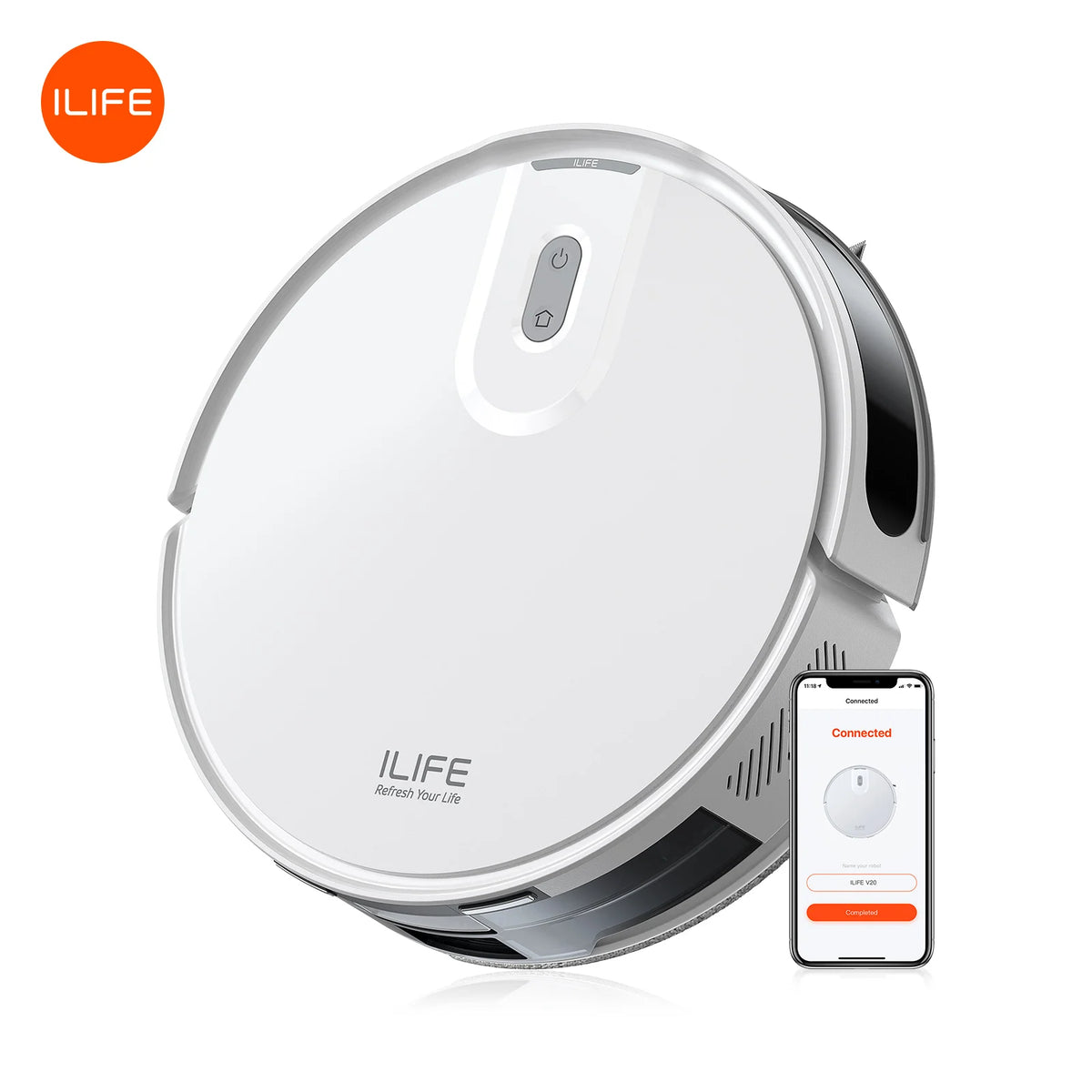 ILIFE V20 front view, white and black robot vacuum with remote
