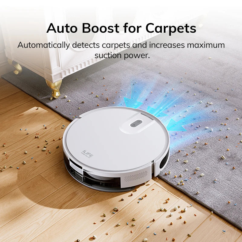 ILIFE V20 front view robot vacuum with remote and LED indicator