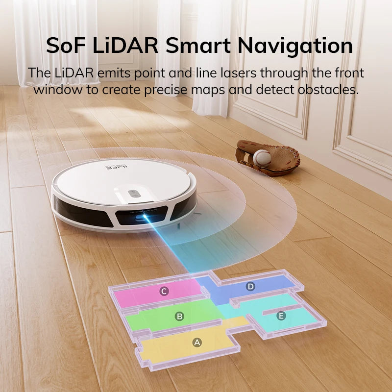 ILIFE V20 navigation shot, LIDAR room mapping with colorful units