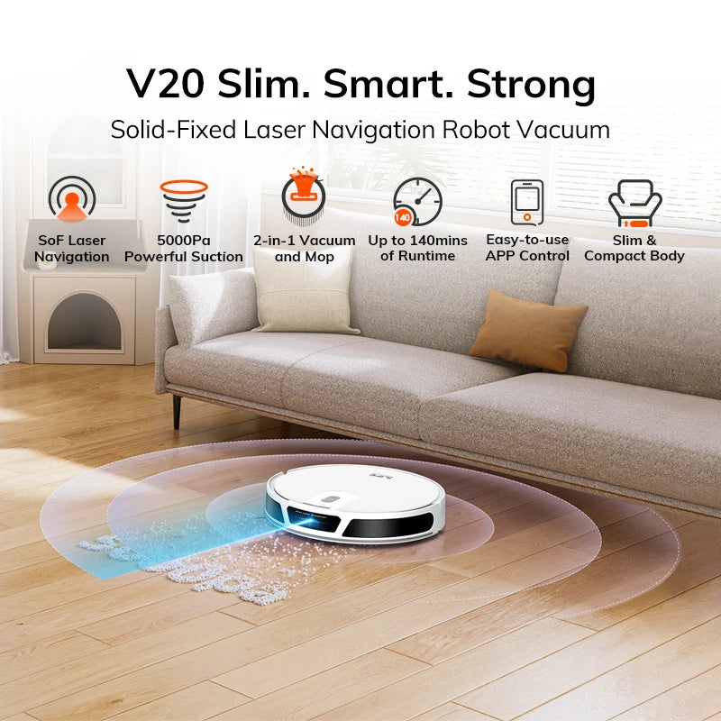 ILIFE V20 lifestyle shot, slim robot vacuum in home setting
