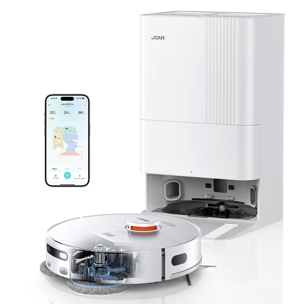 JONR Robot Vacuum P20 Pro white charging station lifestyle shot