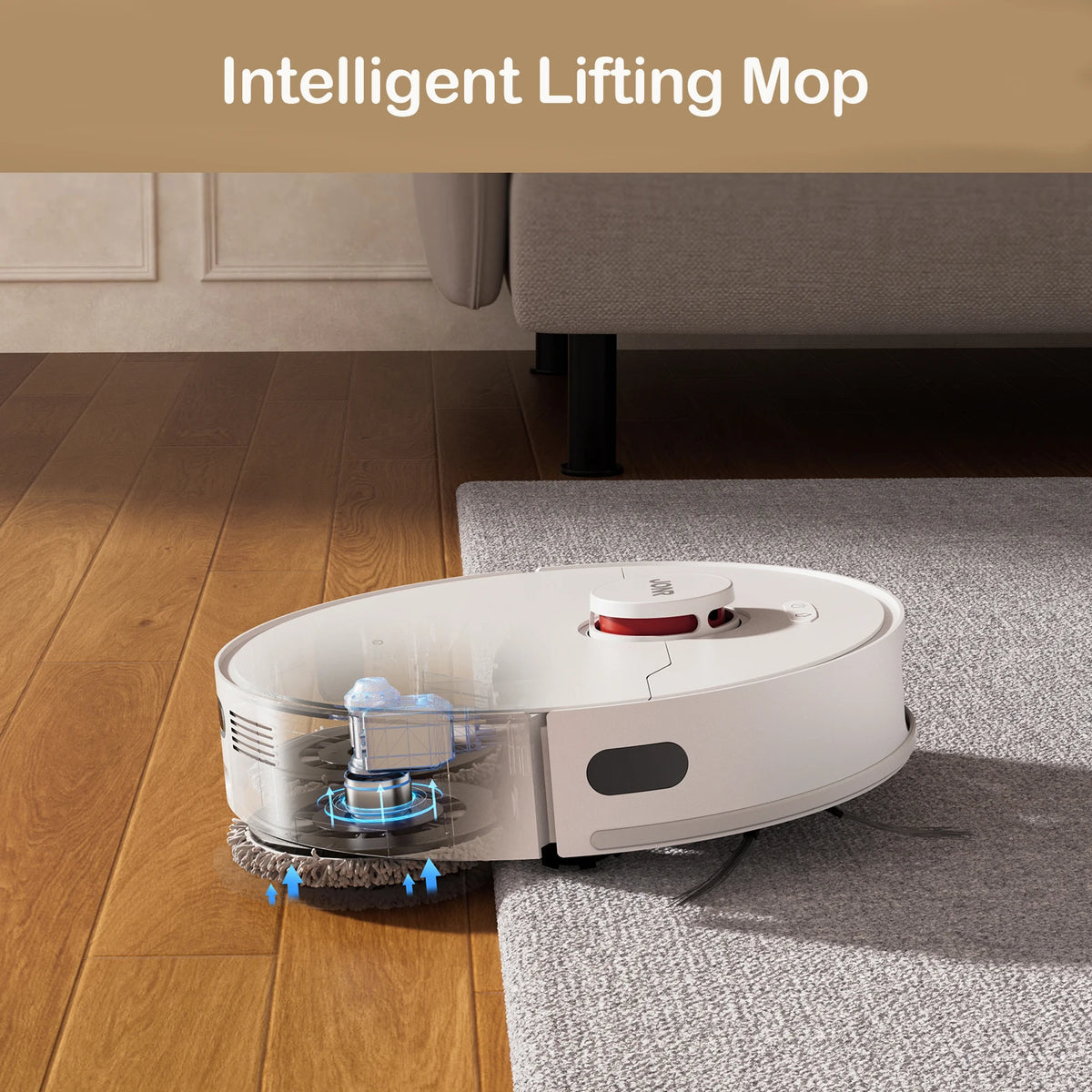 JONR Robot Vacuum P20 Pro lifestyle on wood floor and carpet