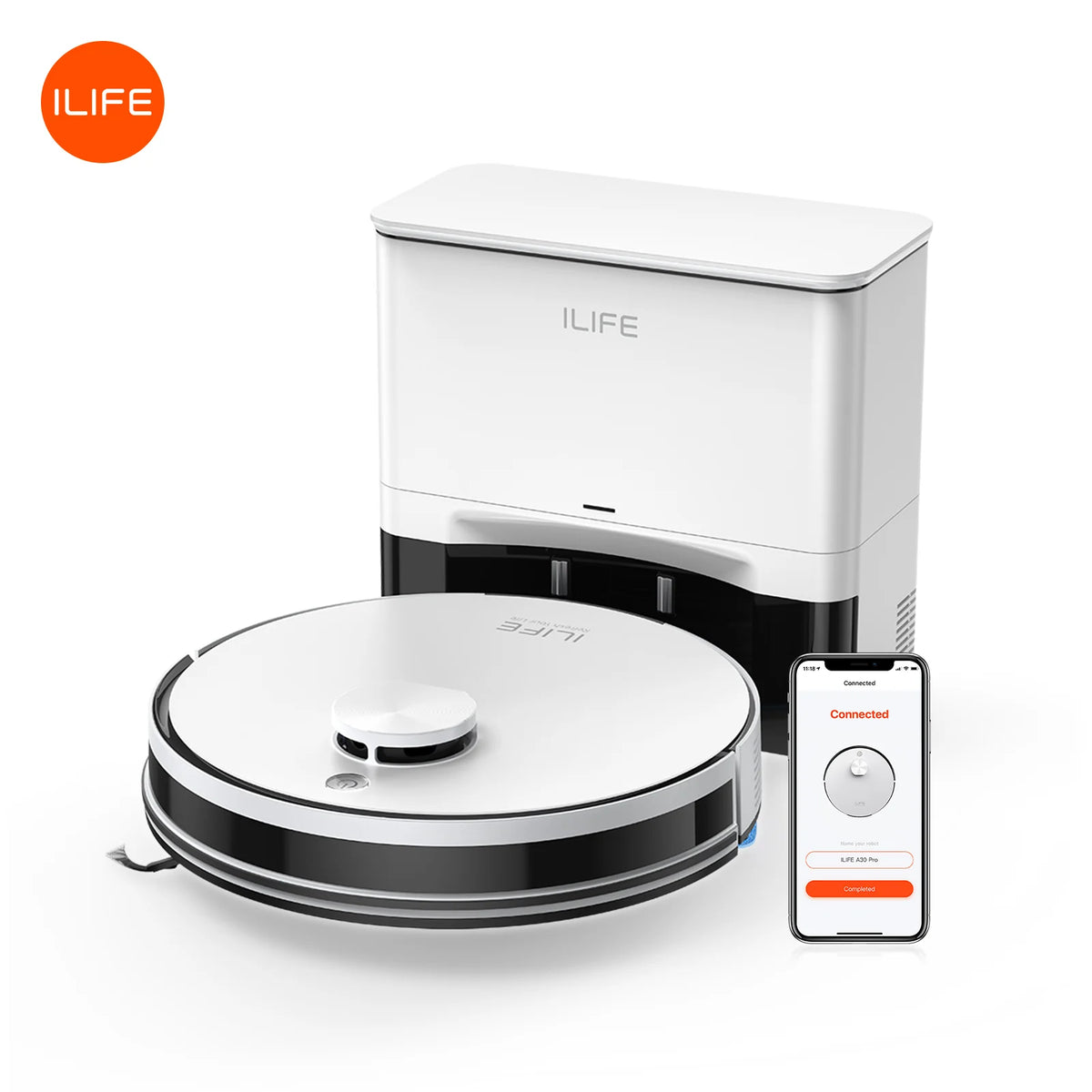 ILIFE A30 Pro front view robot vacuum in white and black