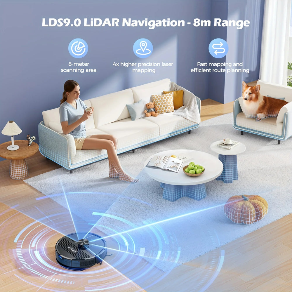 Lubluelu SL68 robot vacuum blue lifestyle shot on living room rug