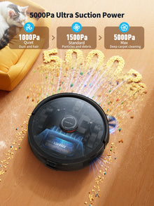 Laresar L20 robot vacuum detail close-up, black with 5000 Pa suction