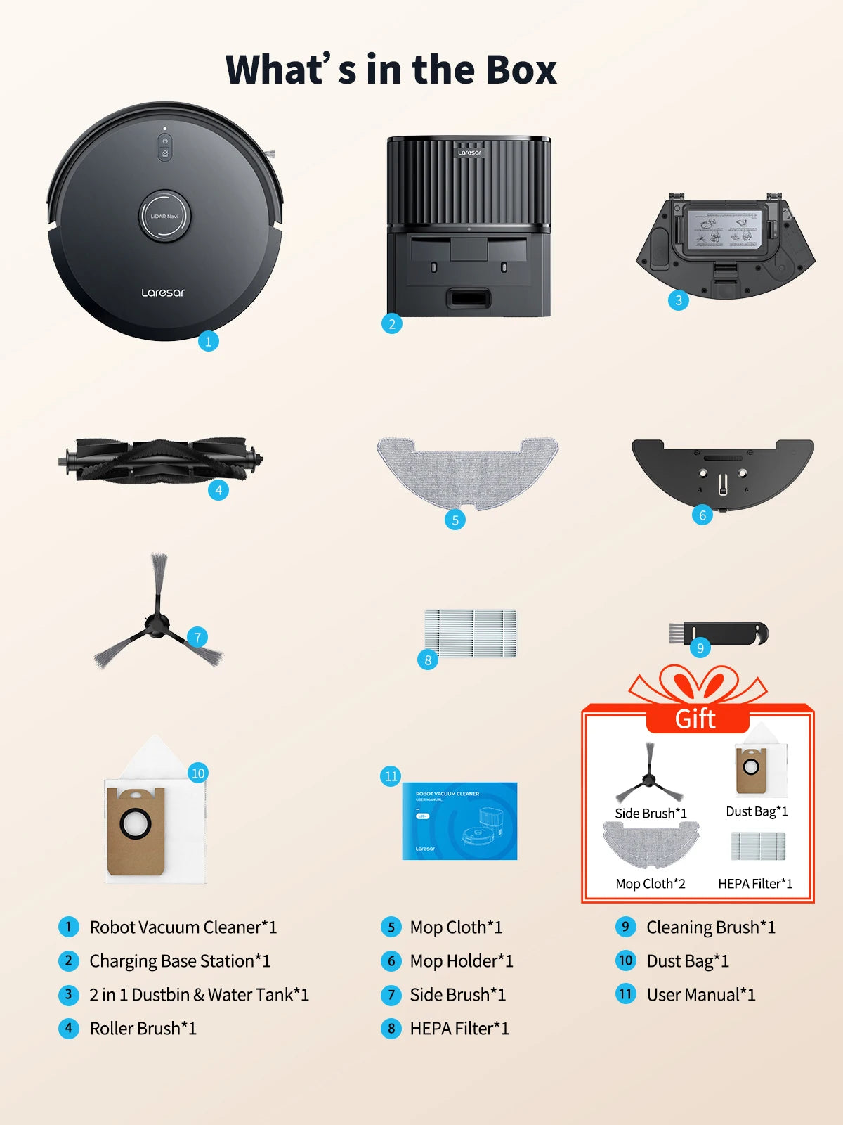 Laresar L20 accessories packaging, user manual and parts shown