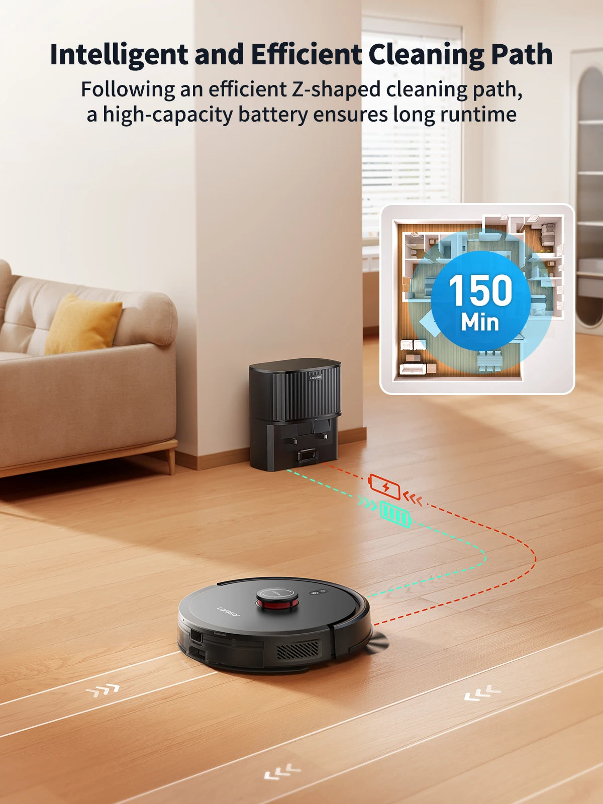 Laresar L20 robot vacuum lifestyle, black with efficient cleaning path