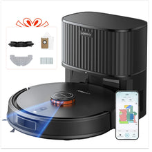 Laresar L20 robot vacuum front view, black and gray with self-emptying