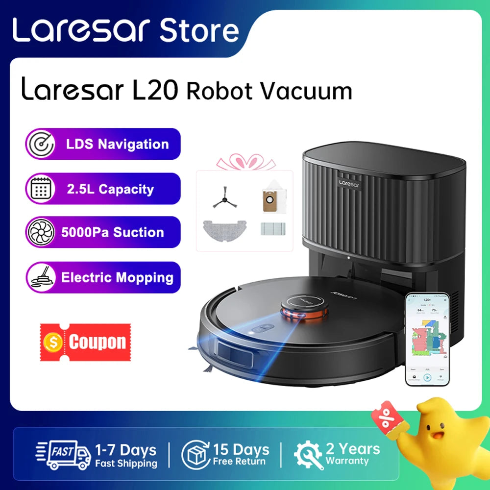 Laresar L20 robot vacuum packaging, black and blue with app control