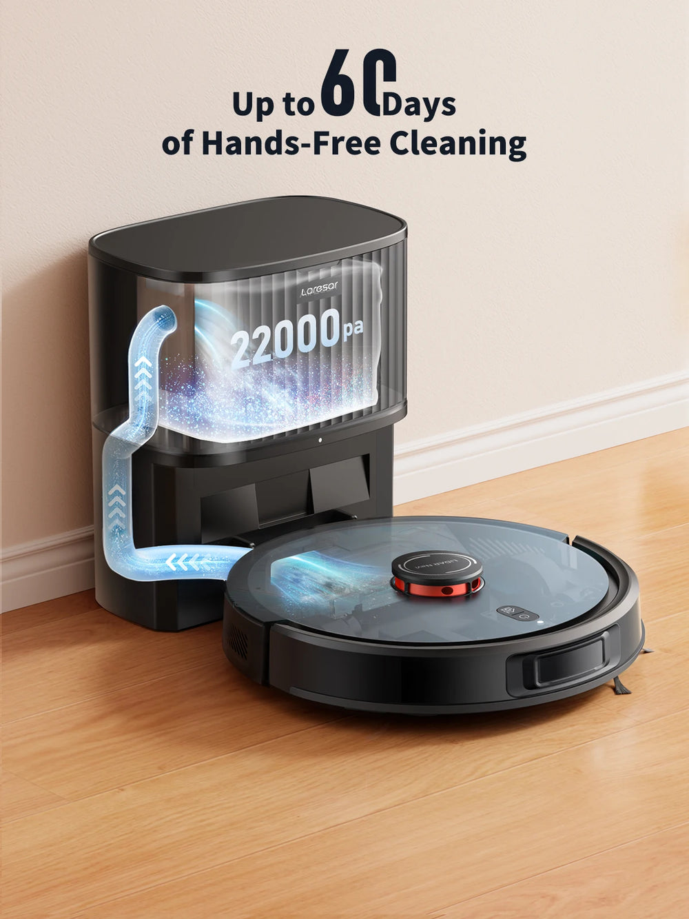 Laresar L20 robot vacuum lifestyle, black unit on natural background