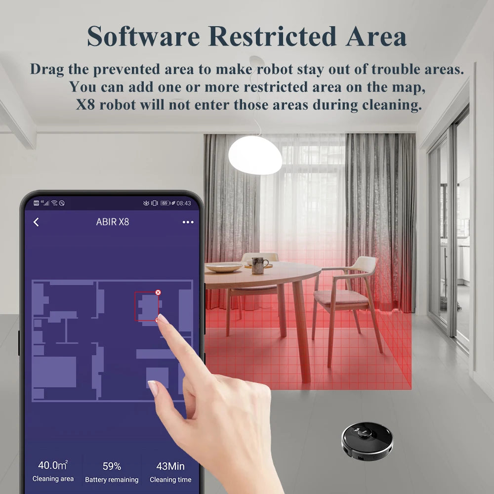 ABIR X8 app interface lifestyle shot showing restricted area controls