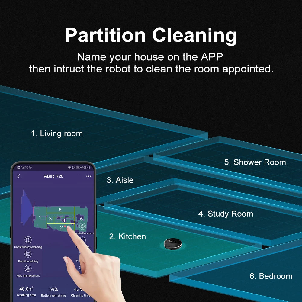 ABIR X8 robot vacuum black and blue mapping app control detail on white