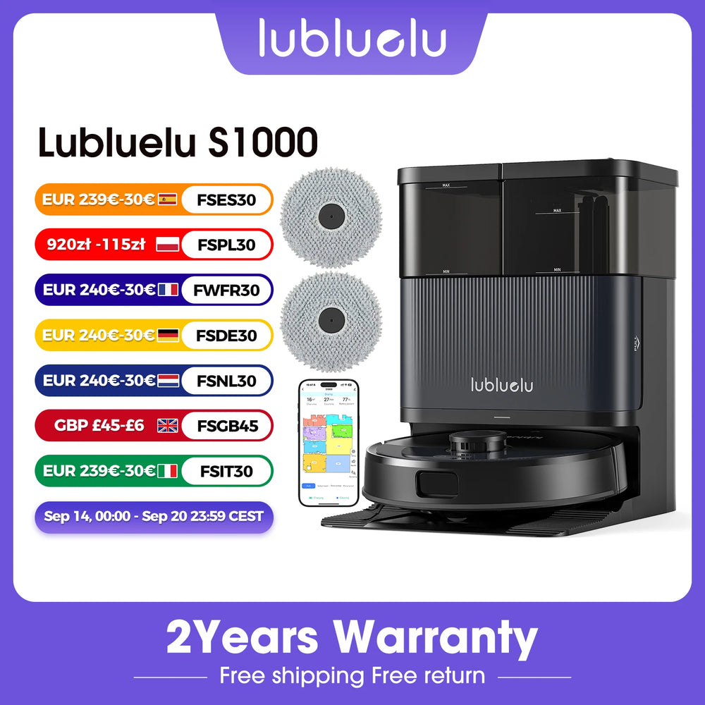 Lubluelu S1000 robot vacuum packaging, black blue white, multiple cleaning modes