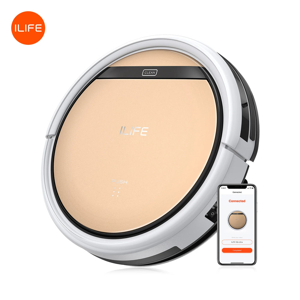ILIFE V5s Ultra front view, white and gold robot vacuum