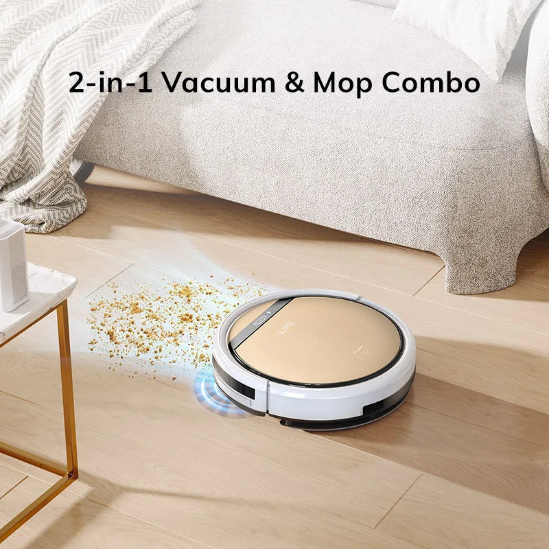 ILIFE V5s Ultra lifestyle shot, robot vacuum cleaning on wood floor