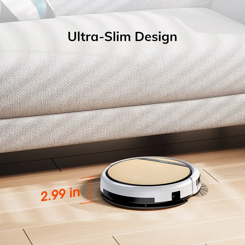 ILIFE V5s Ultra lifestyle shot, ultra-slim gold and black robot vacuum