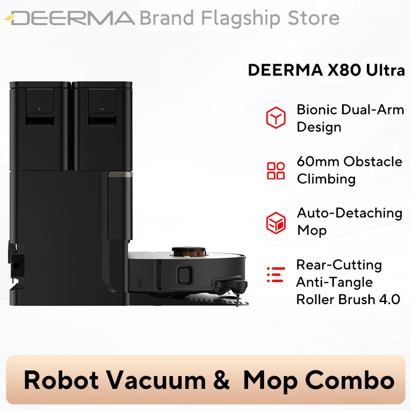 Deerma X80 Ultra packaging front view, black and orange robot vacuum
