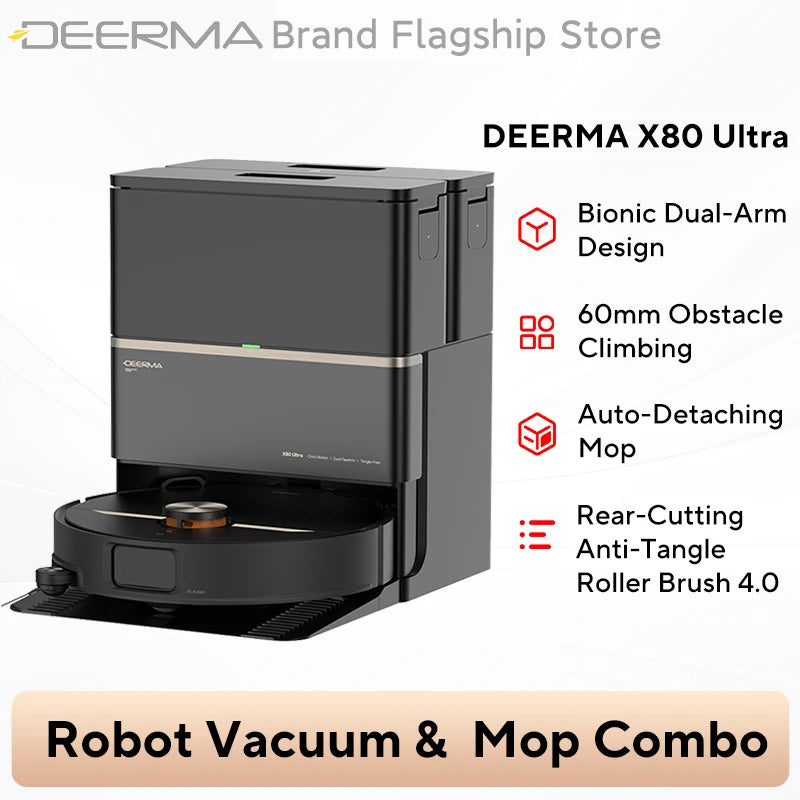Deerma X80 Ultra packaging front view, black and orange robot vacuum