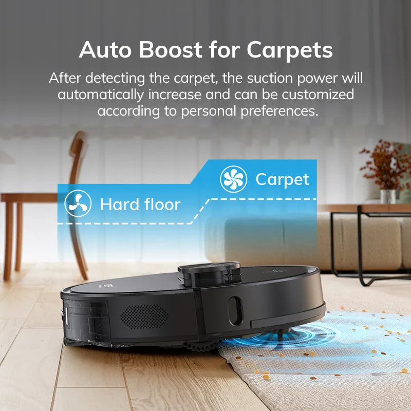 ILIFE T20s auto boost feature, black robot with blue carpet mode