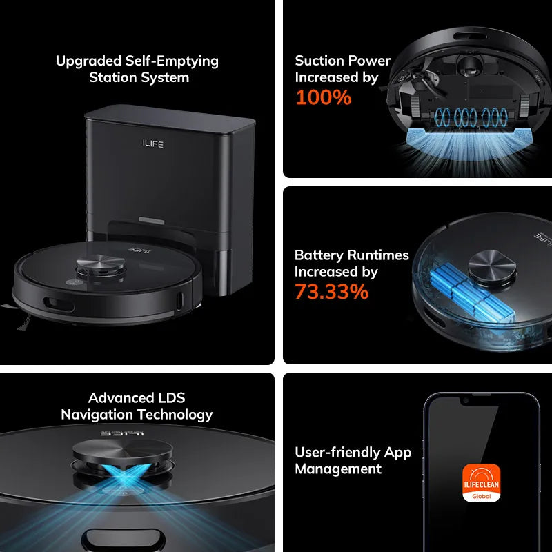 ILIFE T20s robot vacuum detail, black unit on solid background