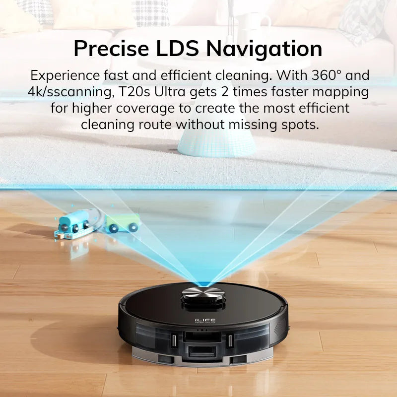 ILIFE T20s robot vacuum in use, black and blue on natural floor