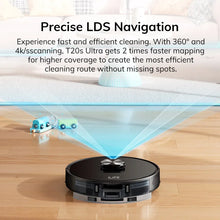 ILIFE T20s robot vacuum in use, black and blue on natural floor